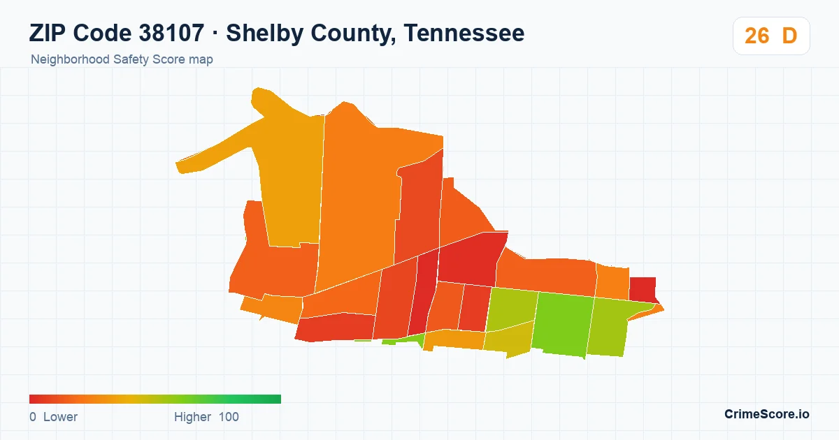 ZIP Code 38107 in Shelby County, Tennessee neighborhood Safety Score map