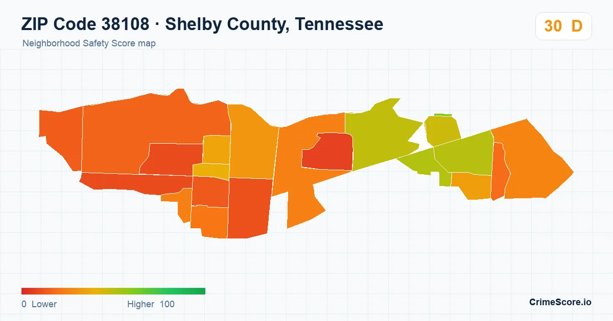 ZIP Code 38108 in Shelby County, Tennessee neighborhood Safety Score map