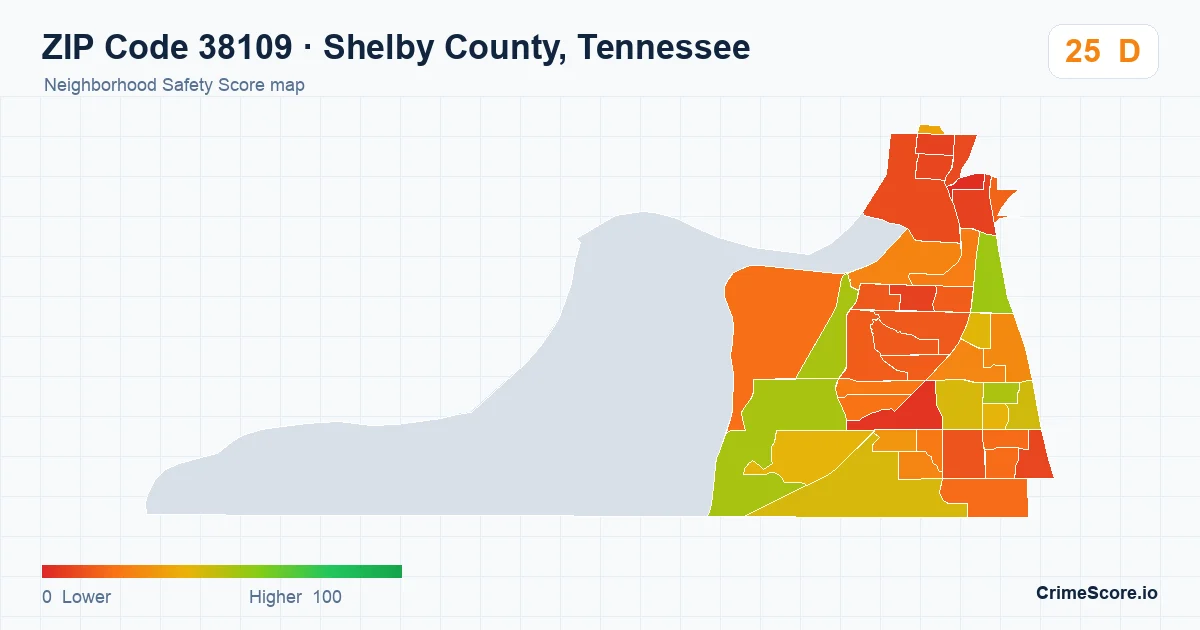 ZIP Code 38109 in Shelby County, Tennessee neighborhood Safety Score map
