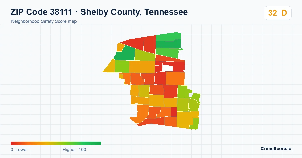 ZIP Code 38111 in Shelby County, Tennessee neighborhood Safety Score map