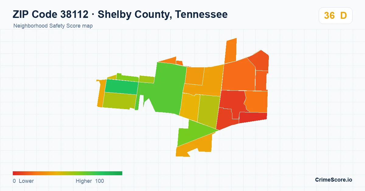 ZIP Code 38112 in Shelby County, Tennessee neighborhood Safety Score map