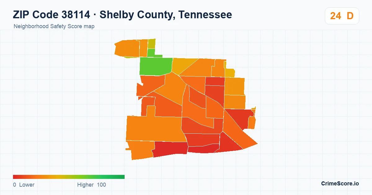 ZIP Code 38114 in Shelby County, Tennessee neighborhood Safety Score map