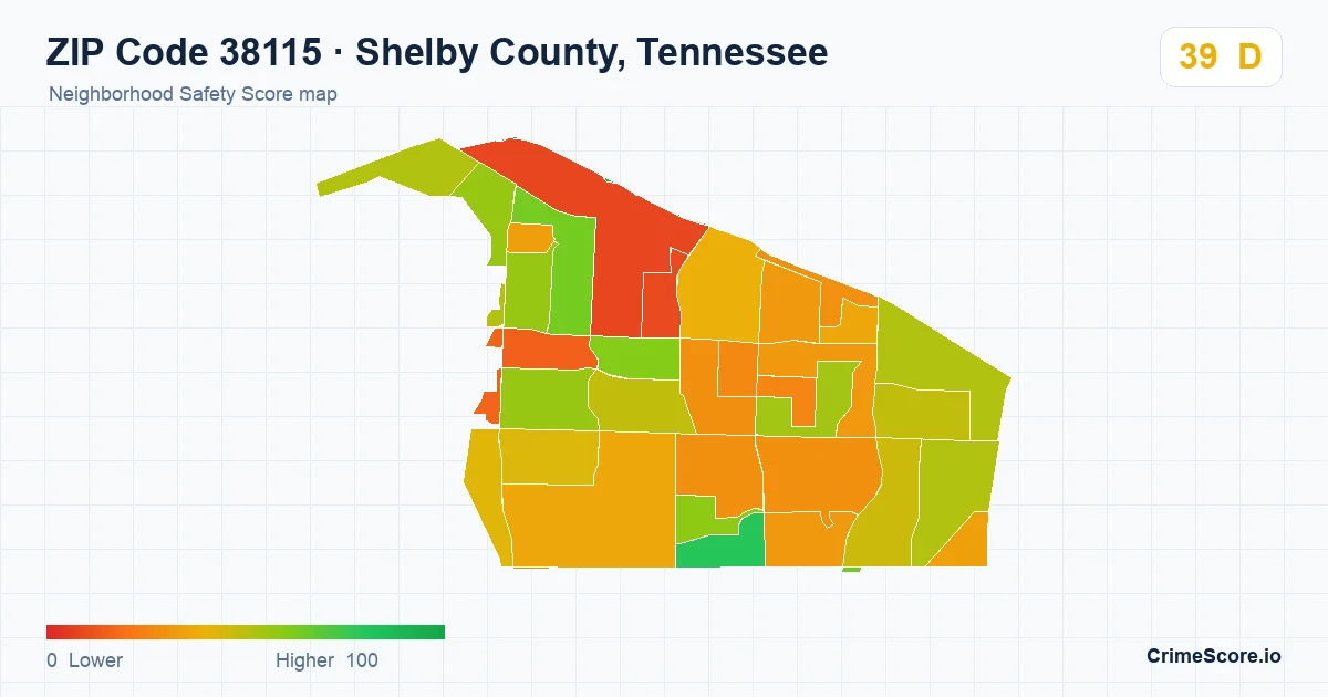 ZIP Code 38115 in Shelby County, Tennessee neighborhood Safety Score map