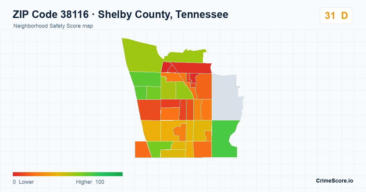 ZIP Code 38116 in Shelby County, Tennessee neighborhood Safety Score map