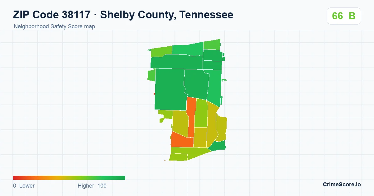 ZIP Code 38117 in Shelby County, Tennessee neighborhood Safety Score map