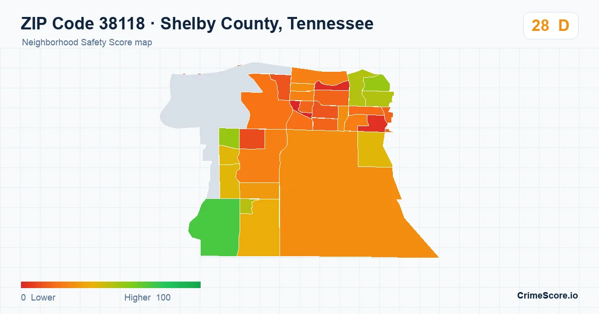 ZIP Code 38118 in Shelby County, Tennessee neighborhood Safety Score map