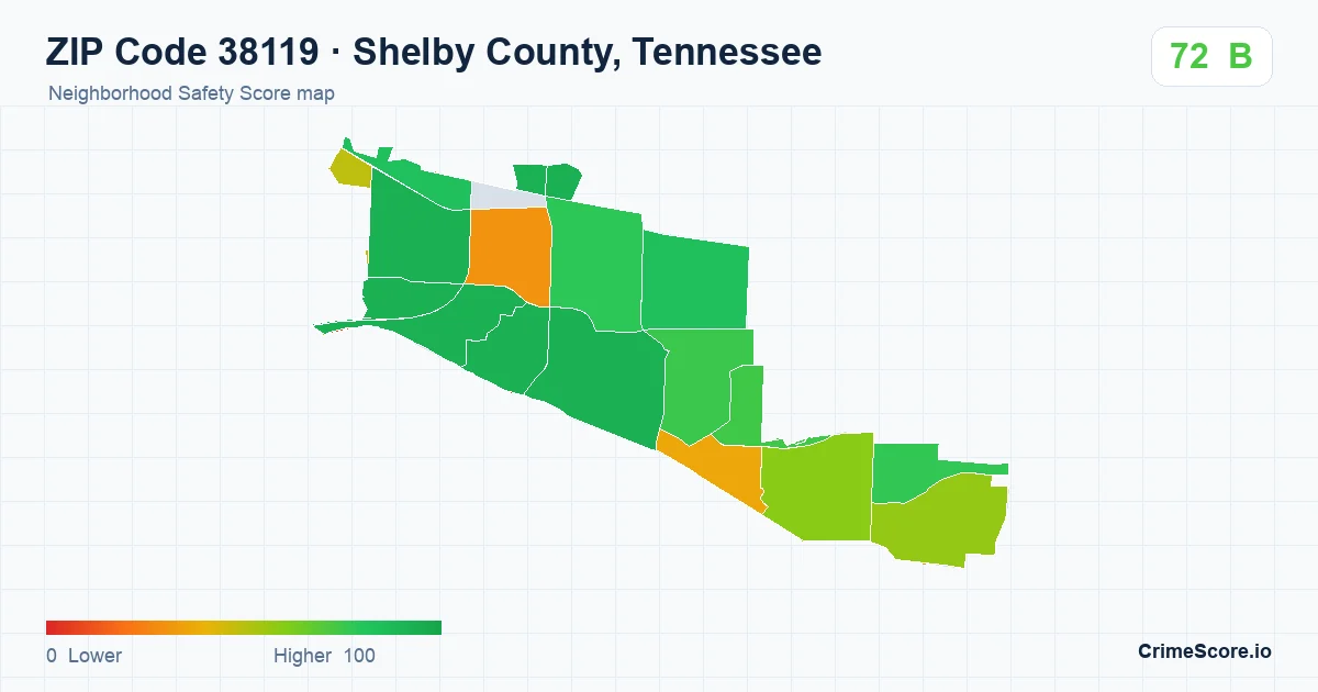 ZIP Code 38119 in Shelby County, Tennessee neighborhood Safety Score map