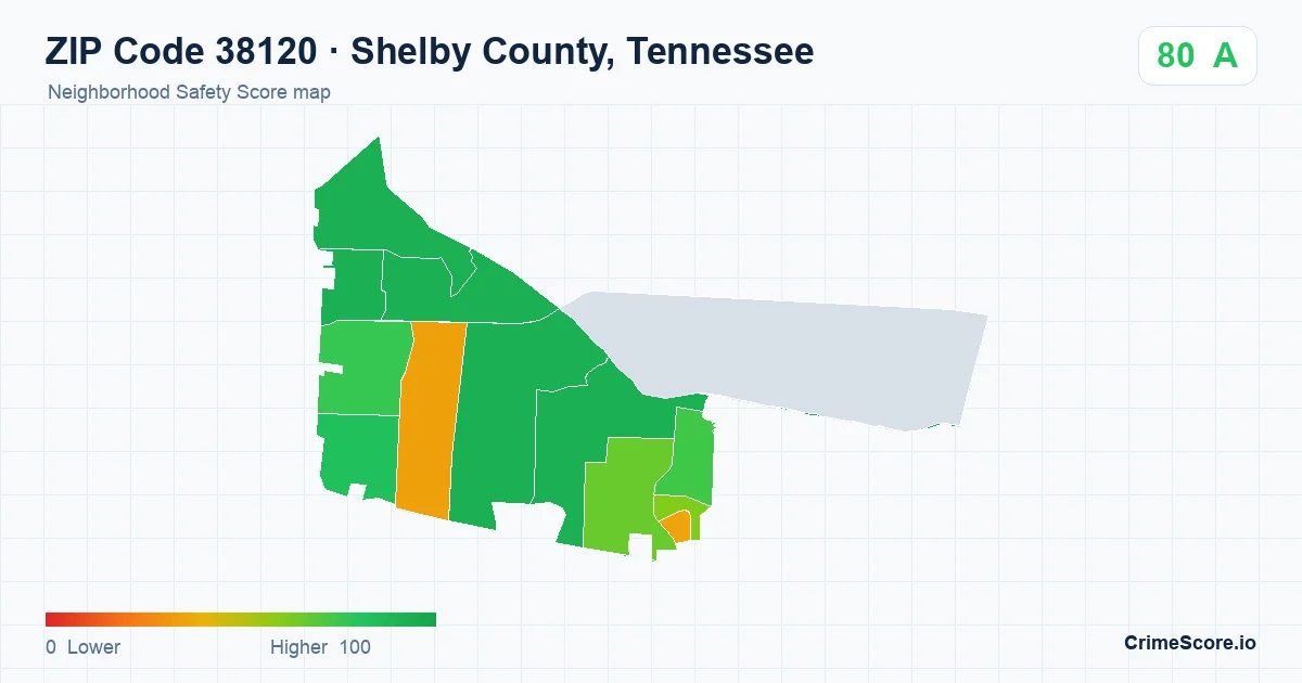 ZIP Code 38120 in Shelby County, Tennessee neighborhood Safety Score map
