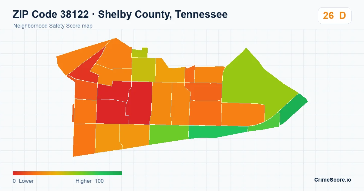 ZIP Code 38122 in Shelby County, Tennessee neighborhood Safety Score map