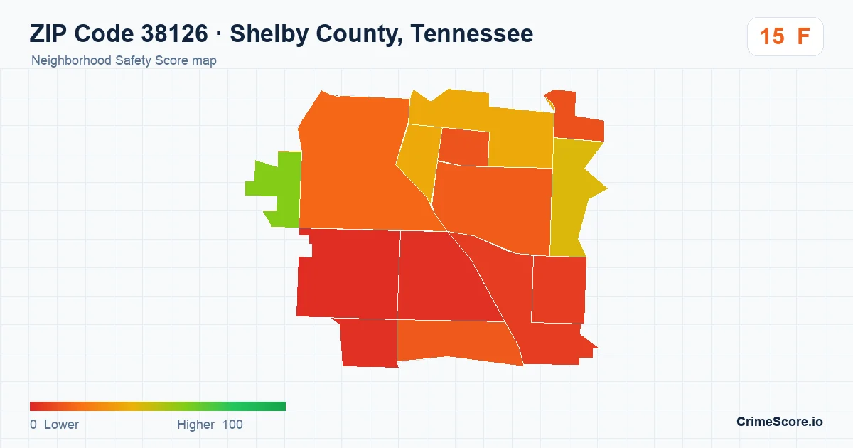 ZIP Code 38126 in Shelby County, Tennessee neighborhood Safety Score map
