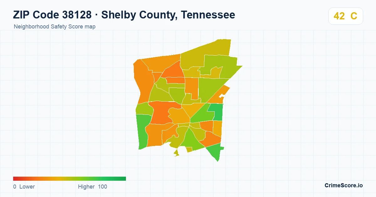 ZIP Code 38128 in Shelby County, Tennessee neighborhood Safety Score map