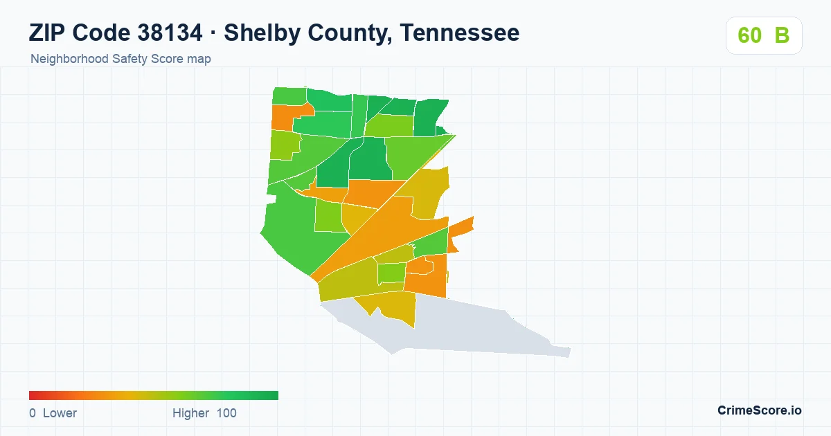ZIP Code 38134 in Shelby County, Tennessee neighborhood Safety Score map