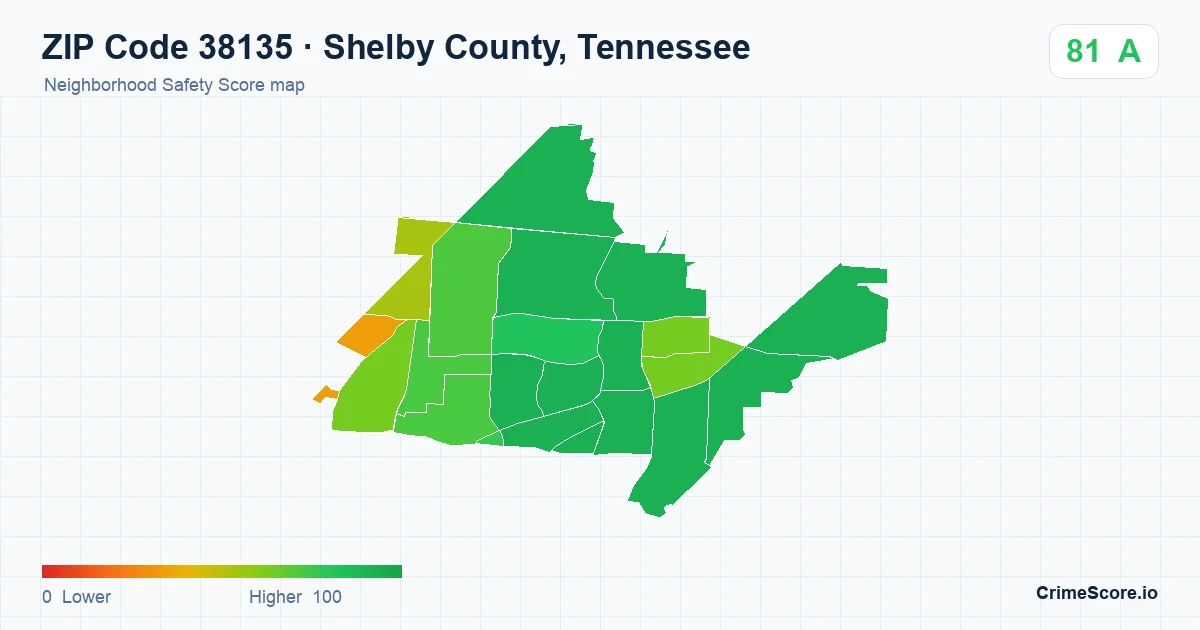 ZIP Code 38135 in Shelby County, Tennessee neighborhood Safety Score map