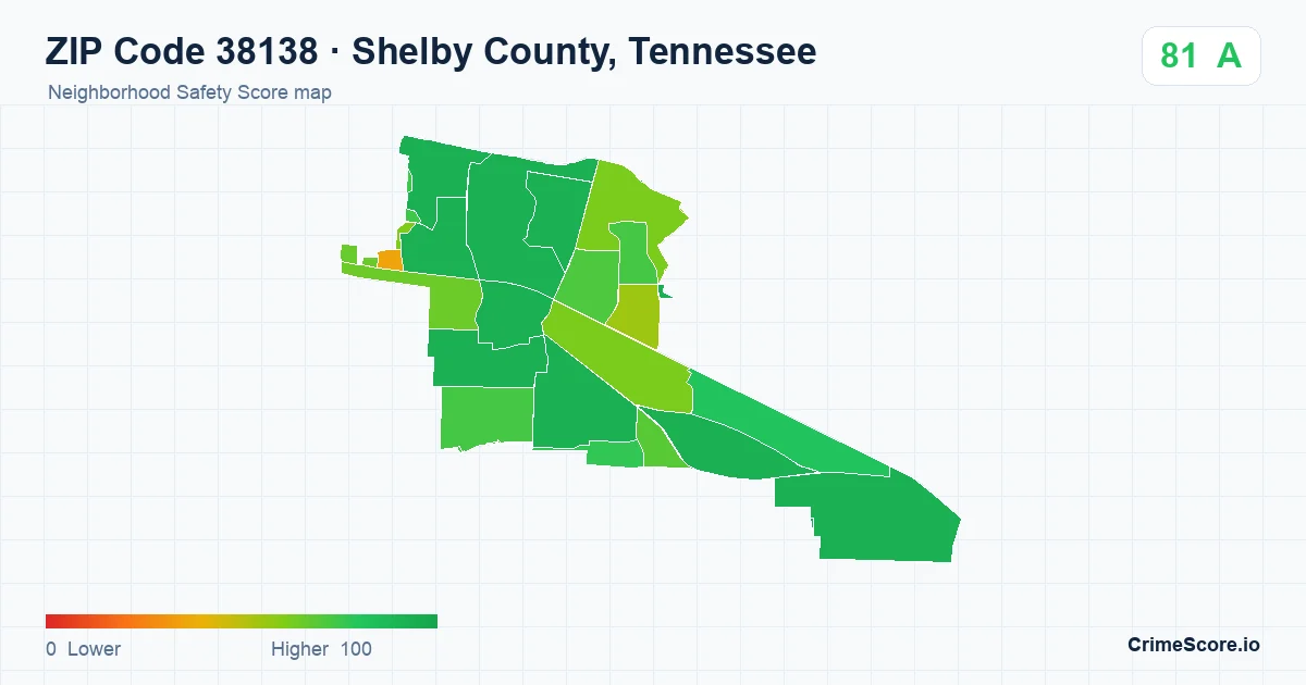 ZIP Code 38138 in Shelby County, Tennessee neighborhood Safety Score map