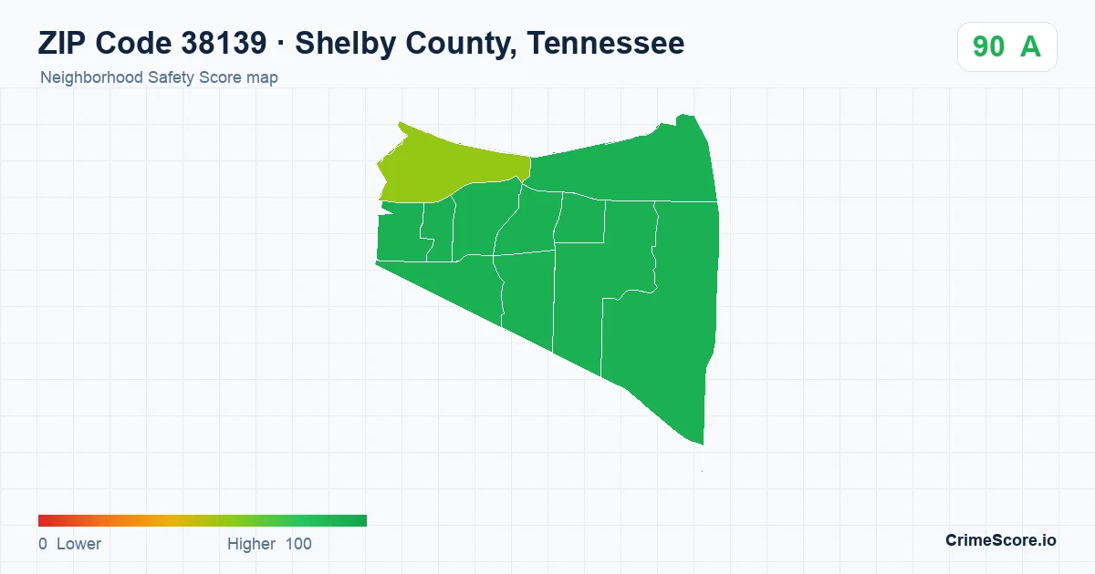 ZIP Code 38139 in Shelby County, Tennessee neighborhood Safety Score map