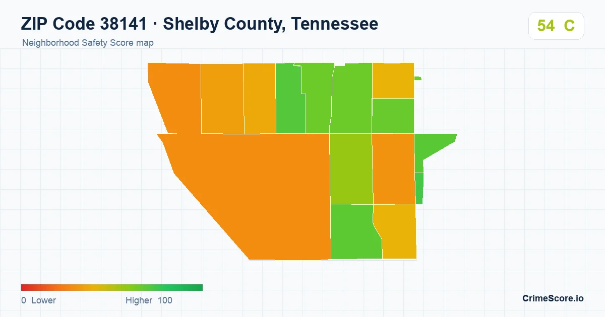 ZIP Code 38141 in Shelby County, Tennessee neighborhood Safety Score map