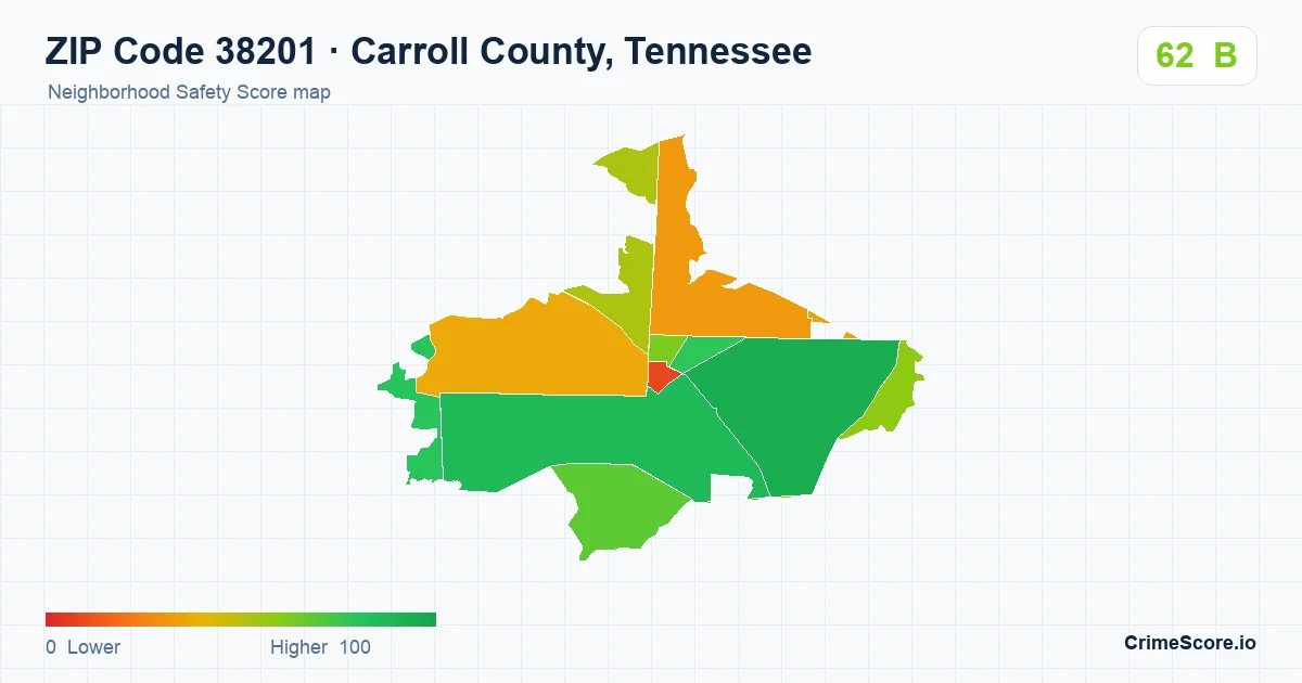 ZIP Code 38201 in Carroll County, Tennessee neighborhood Safety Score map
