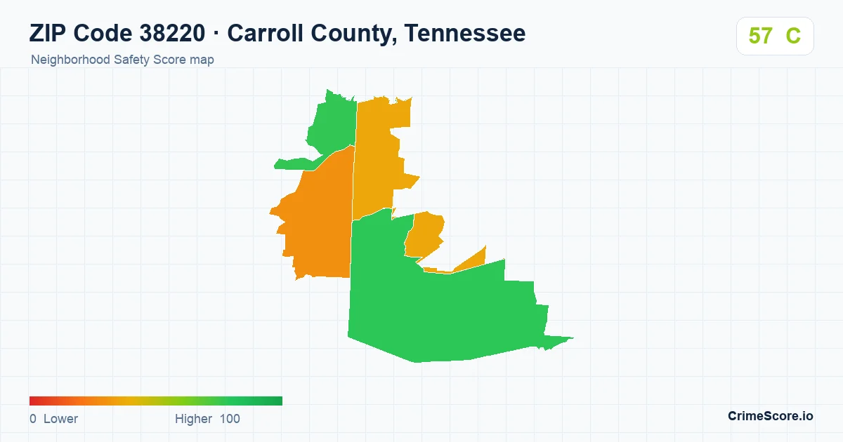 ZIP Code 38220 in Carroll County, Tennessee neighborhood Safety Score map