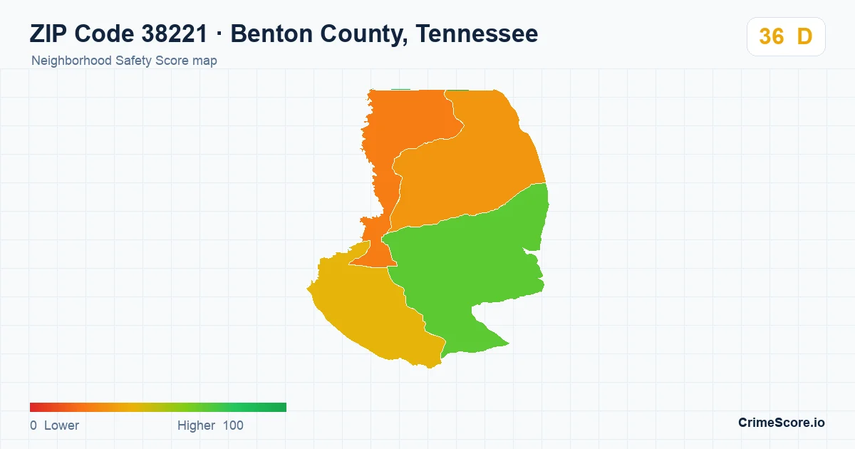 ZIP Code 38221 in Benton County, Tennessee neighborhood Safety Score map