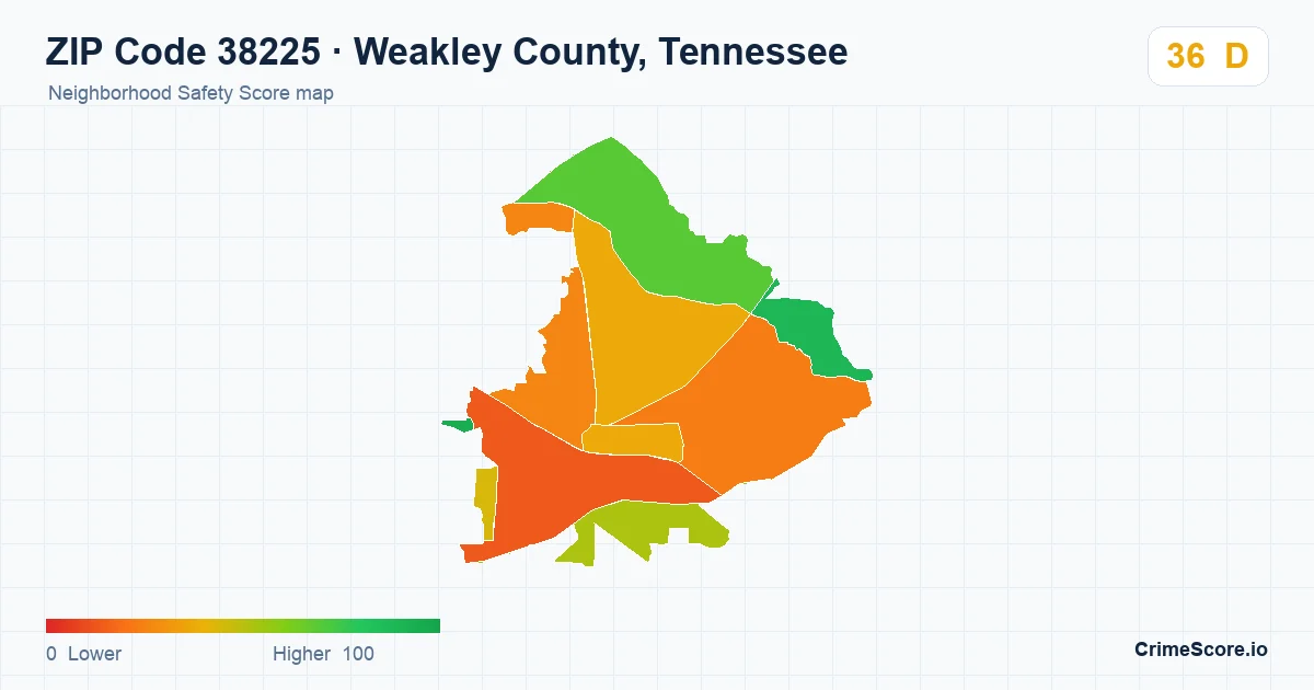 ZIP Code 38225 in Weakley County, Tennessee neighborhood Safety Score map