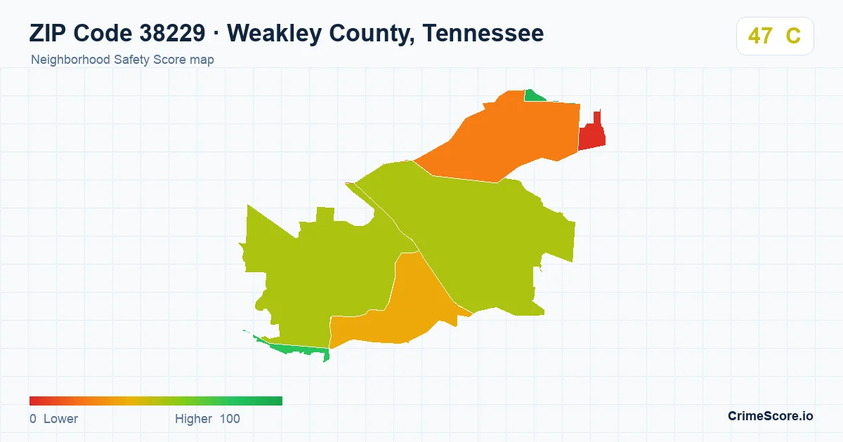 ZIP Code 38229 in Weakley County, Tennessee neighborhood Safety Score map