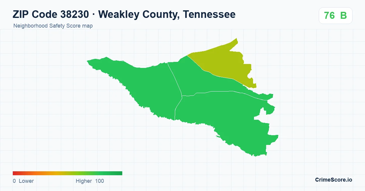 ZIP Code 38230 in Weakley County, Tennessee neighborhood Safety Score map