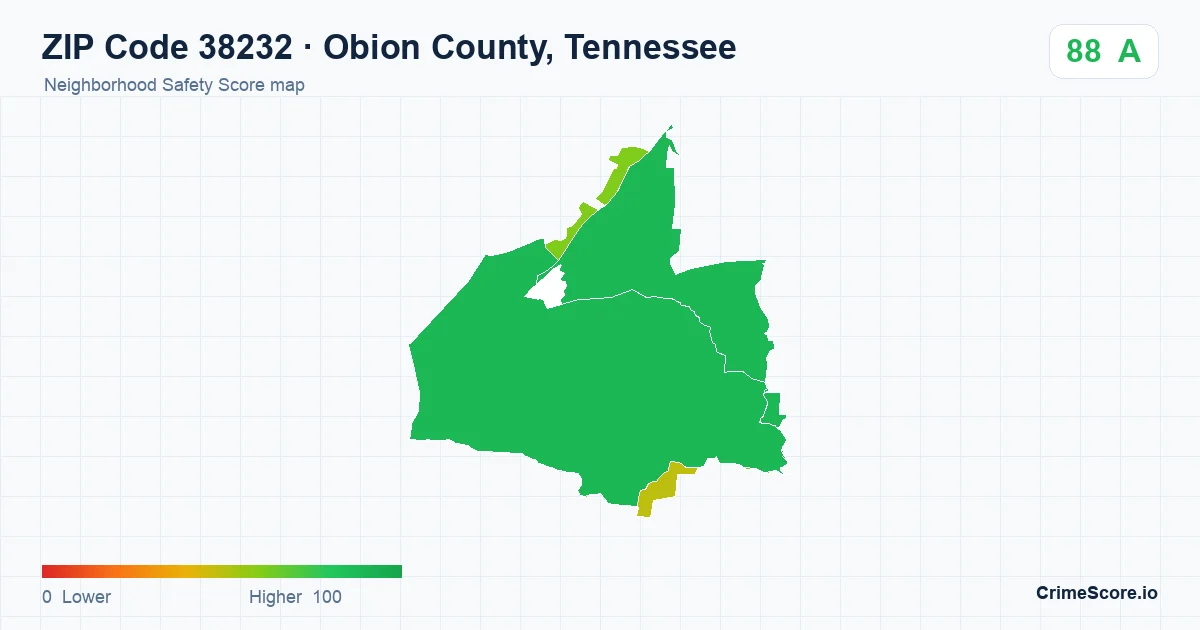 ZIP Code 38232 in Obion County, Tennessee neighborhood Safety Score map