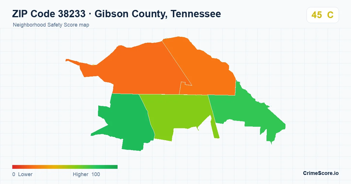 ZIP Code 38233 in Gibson County, Tennessee neighborhood Safety Score map