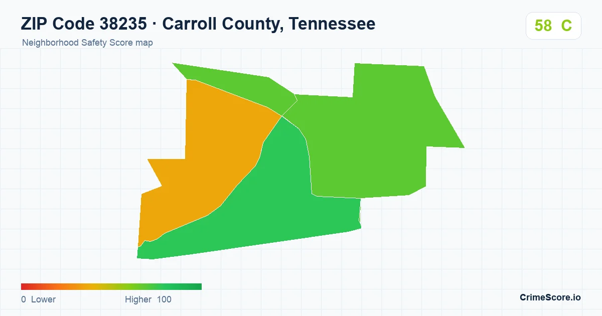 ZIP Code 38235 in Carroll County, Tennessee neighborhood Safety Score map