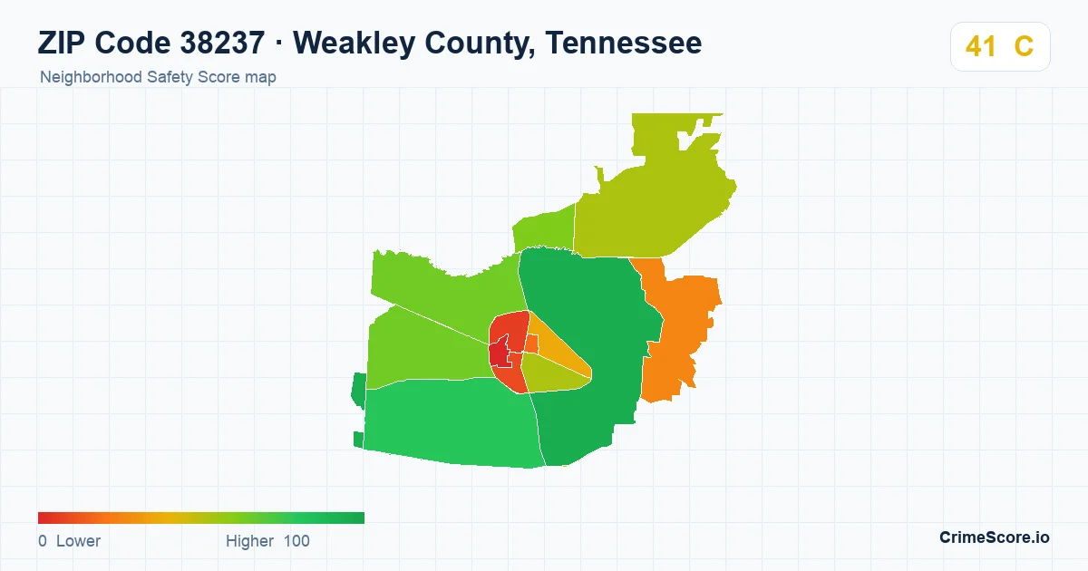 ZIP Code 38237 in Weakley County, Tennessee neighborhood Safety Score map