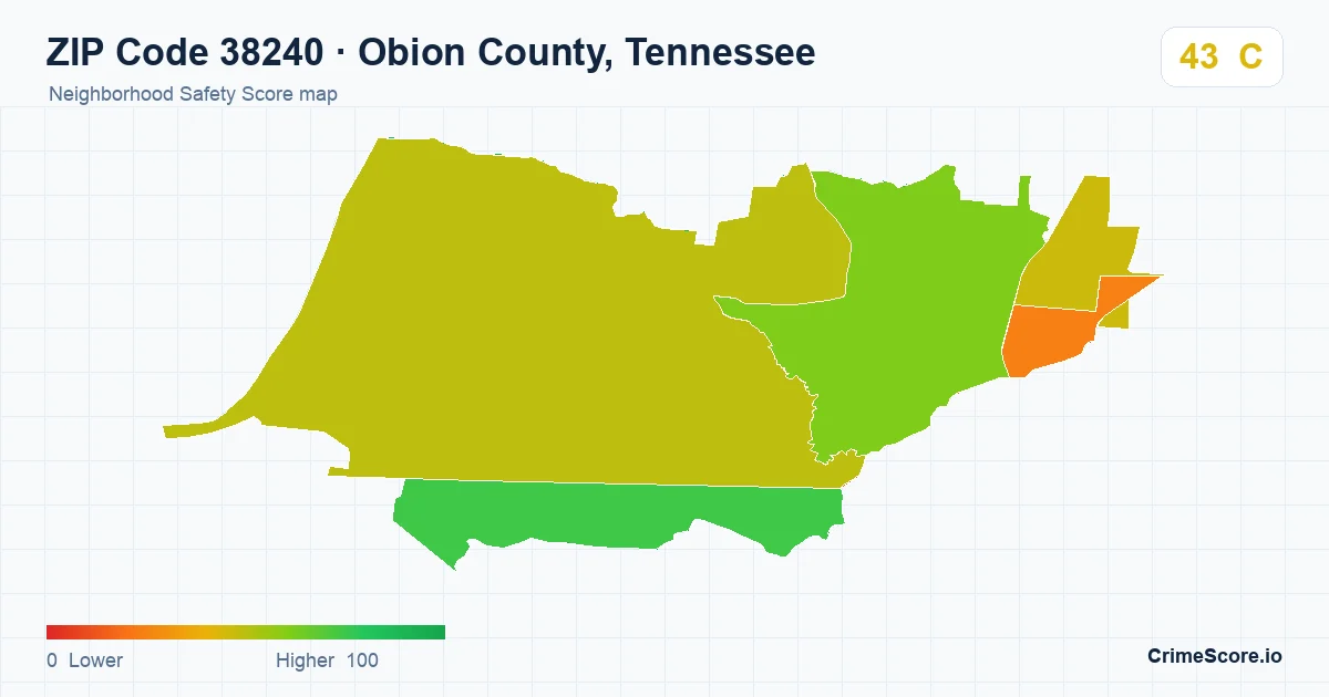 ZIP Code 38240 in Obion County, Tennessee neighborhood Safety Score map