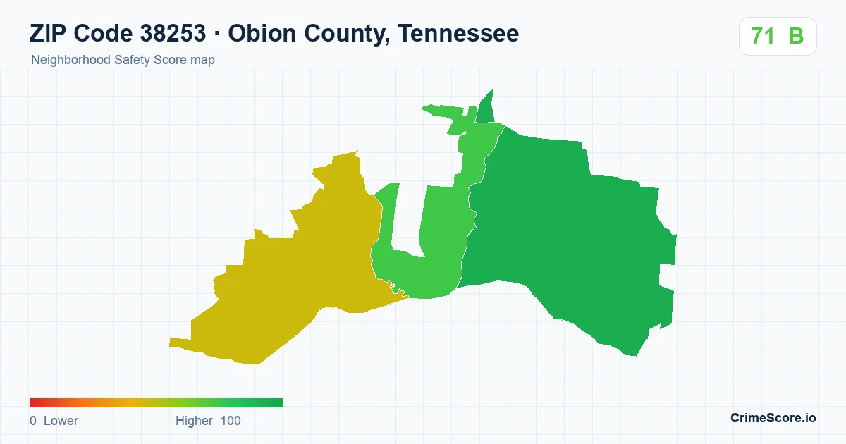 ZIP Code 38253 in Obion County, Tennessee neighborhood Safety Score map