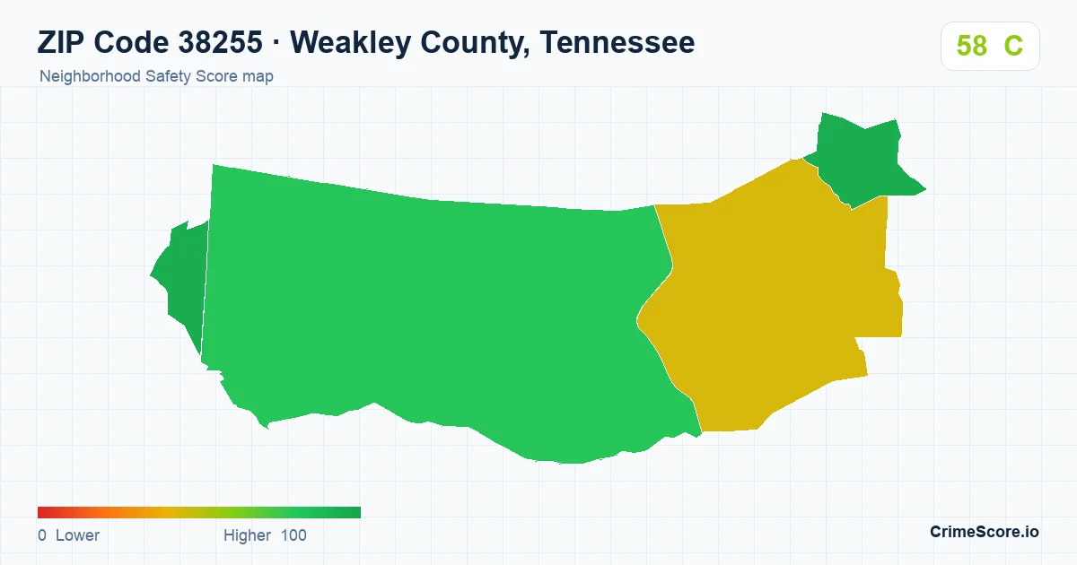 ZIP Code 38255 in Weakley County, Tennessee neighborhood Safety Score map