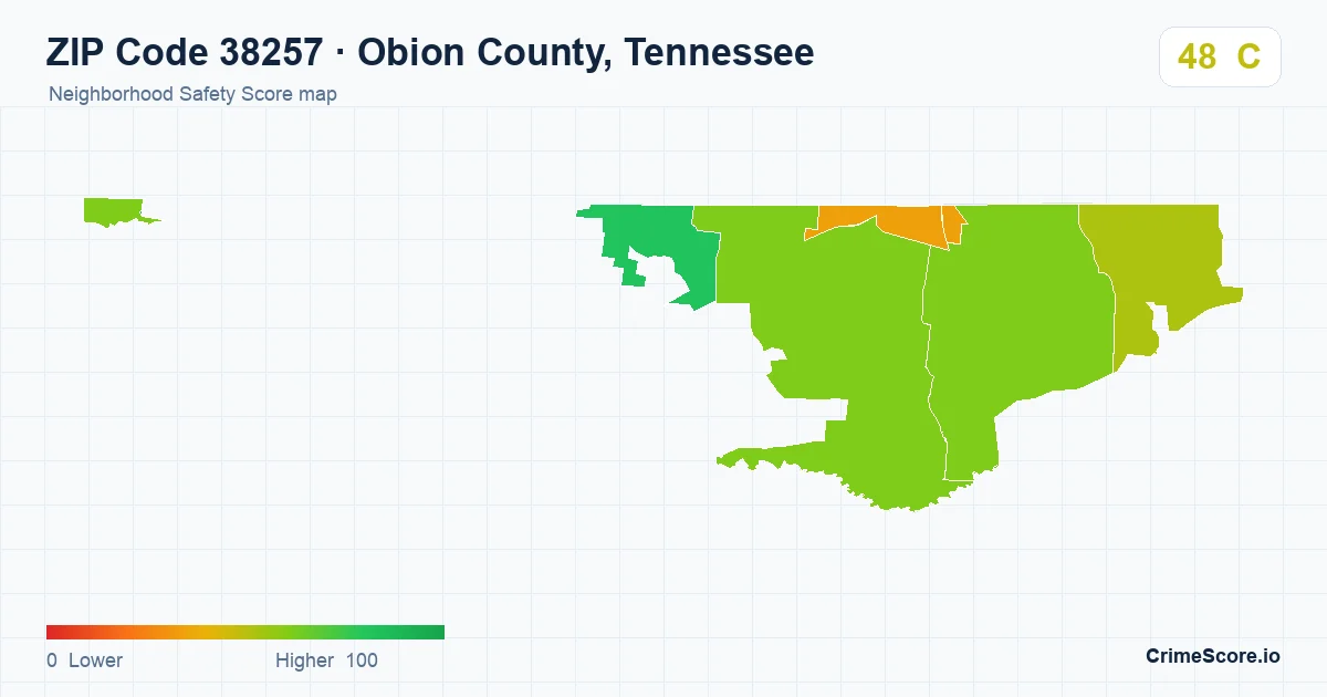 ZIP Code 38257 in Obion County, Tennessee neighborhood Safety Score map