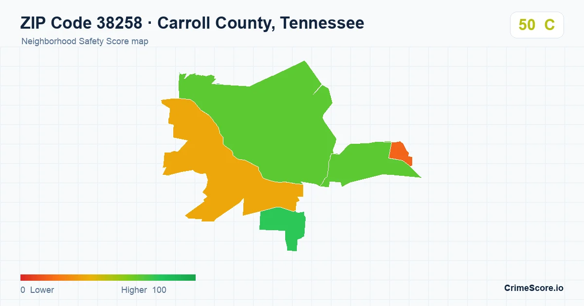ZIP Code 38258 in Carroll County, Tennessee neighborhood Safety Score map