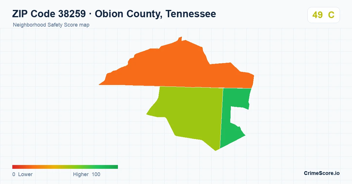 ZIP Code 38259 in Obion County, Tennessee neighborhood Safety Score map
