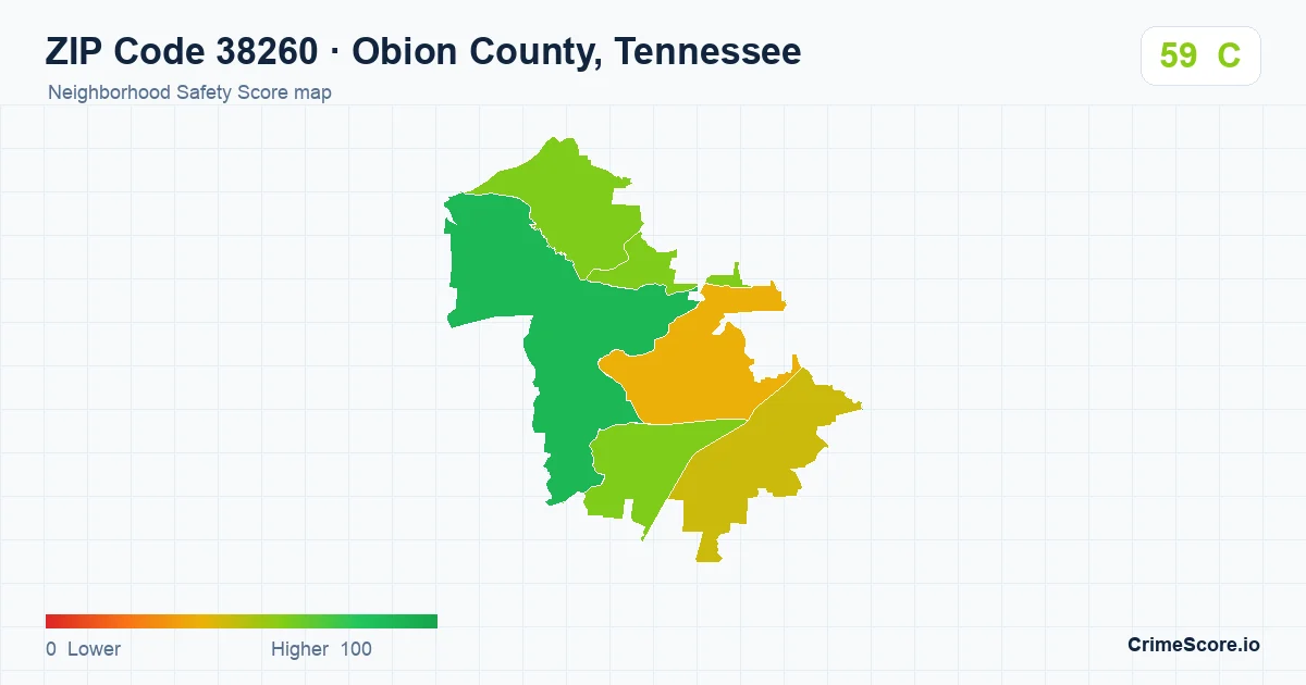 ZIP Code 38260 in Obion County, Tennessee neighborhood Safety Score map