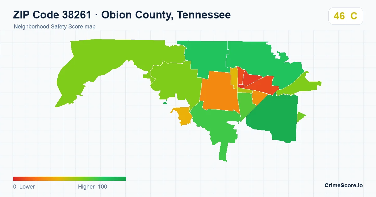ZIP Code 38261 in Obion County, Tennessee neighborhood Safety Score map