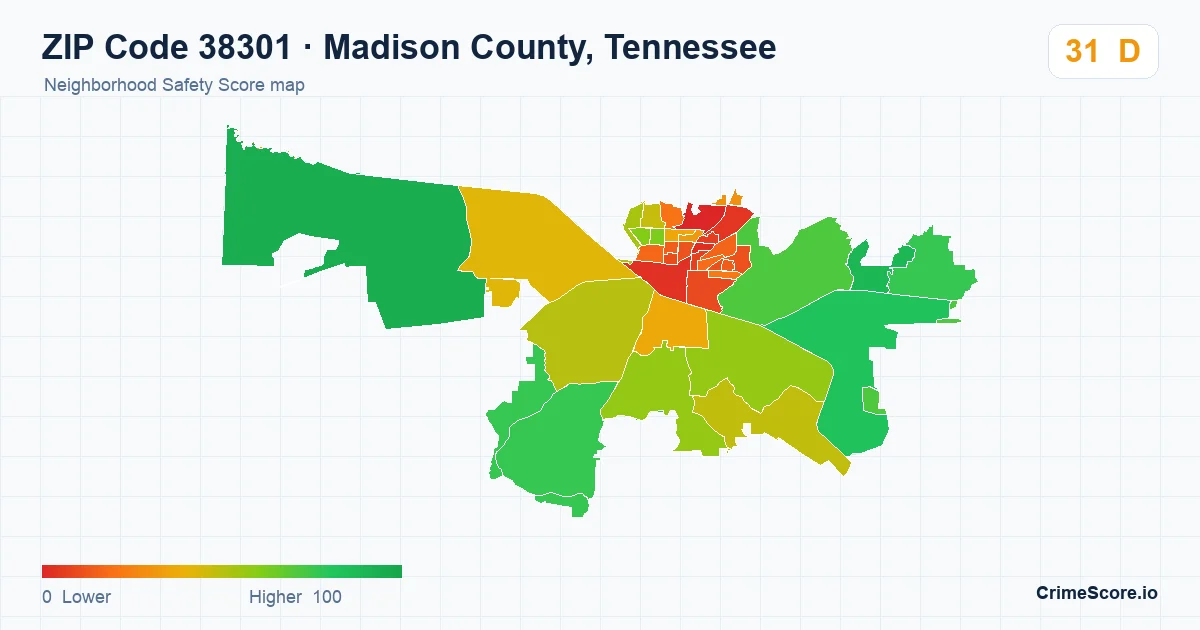 ZIP Code 38301 in Madison County, Tennessee neighborhood Safety Score map