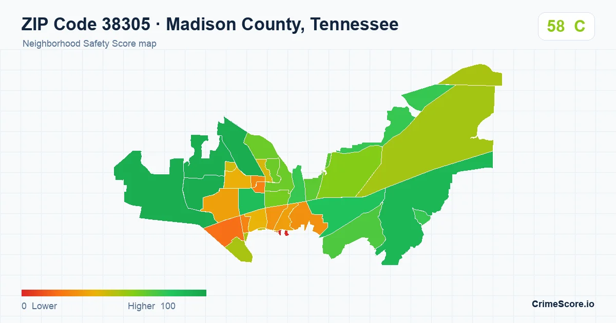 ZIP Code 38305 in Madison County, Tennessee neighborhood Safety Score map