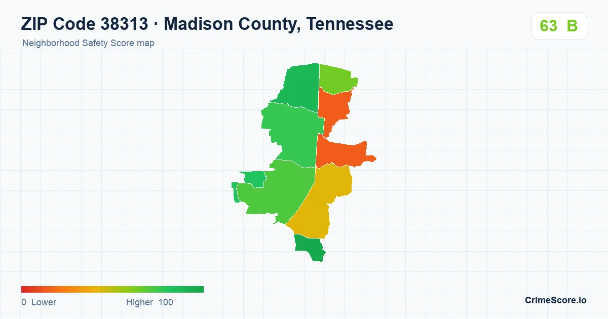 ZIP Code 38313 in Madison County, Tennessee neighborhood Safety Score map