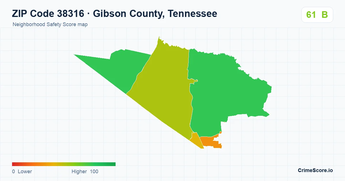 ZIP Code 38316 in Gibson County, Tennessee neighborhood Safety Score map