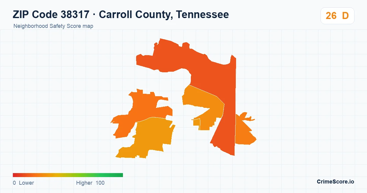 ZIP Code 38317 in Carroll County, Tennessee neighborhood Safety Score map