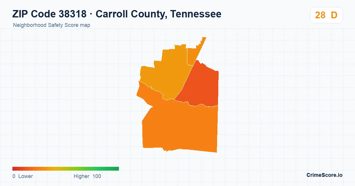 ZIP Code 38318 in Carroll County, Tennessee neighborhood Safety Score map
