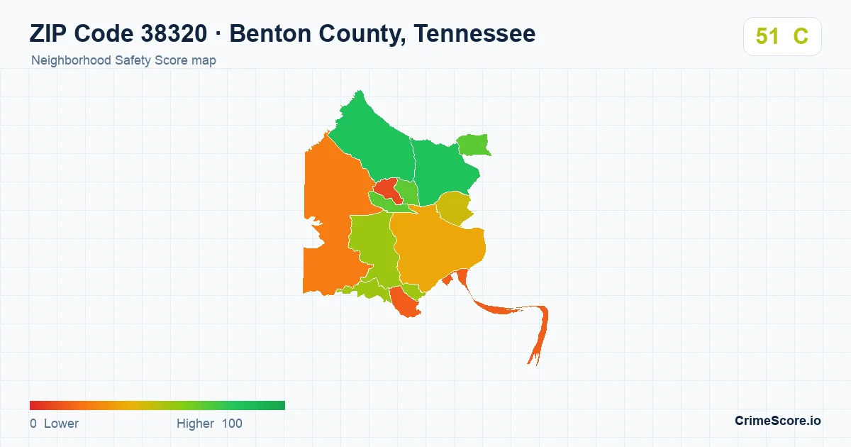 ZIP Code 38320 in Benton County, Tennessee neighborhood Safety Score map