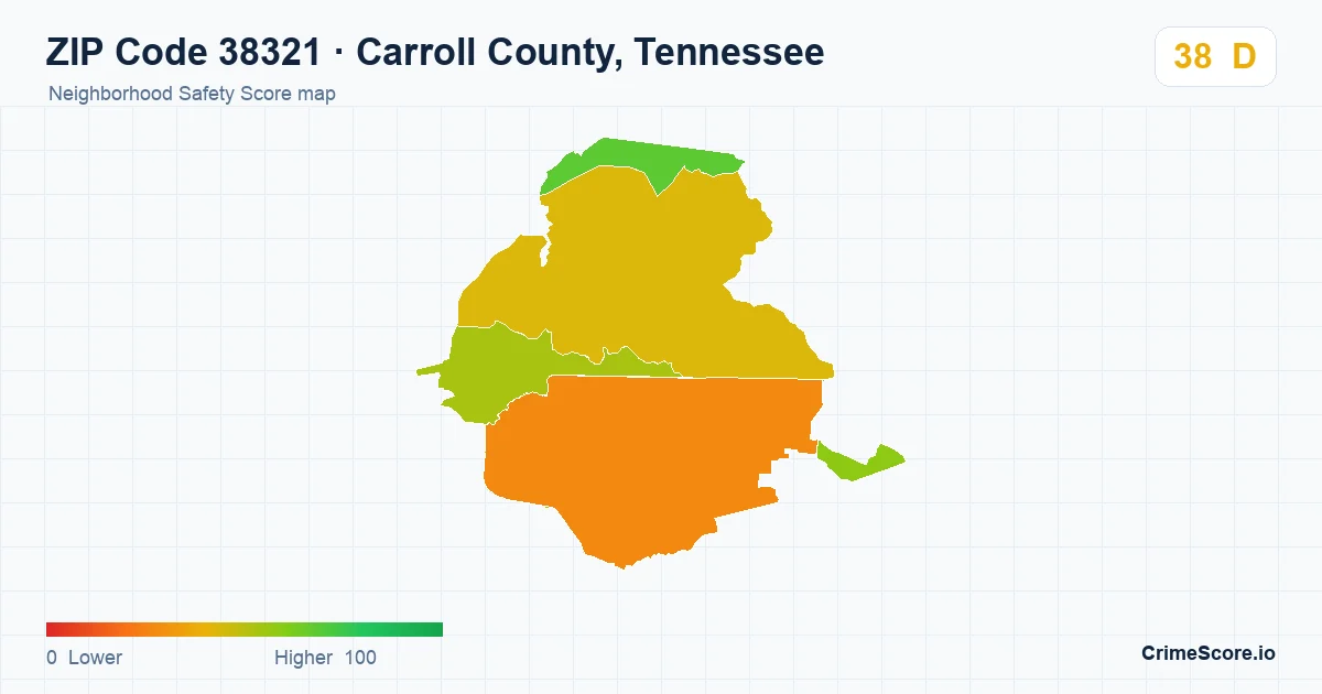 ZIP Code 38321 in Carroll County, Tennessee neighborhood Safety Score map