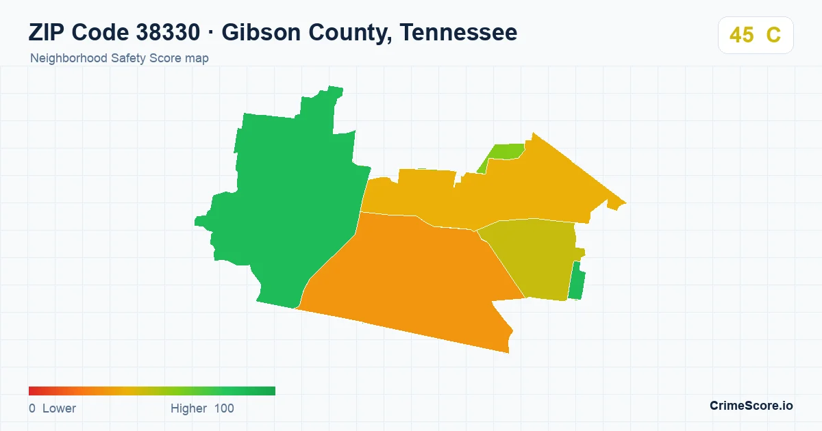 ZIP Code 38330 in Gibson County, Tennessee neighborhood Safety Score map