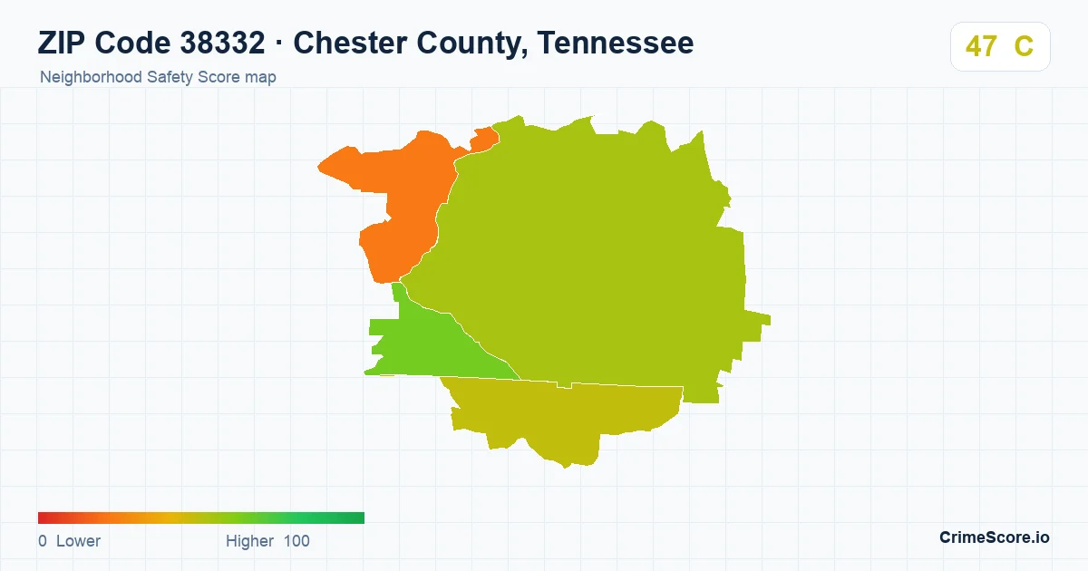 ZIP Code 38332 in Chester County, Tennessee neighborhood Safety Score map