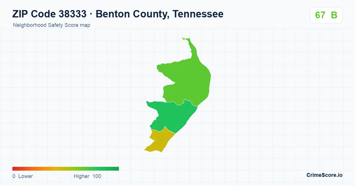 ZIP Code 38333 in Benton County, Tennessee neighborhood Safety Score map