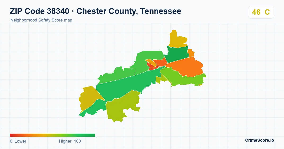 ZIP Code 38340 in Chester County, Tennessee neighborhood Safety Score map